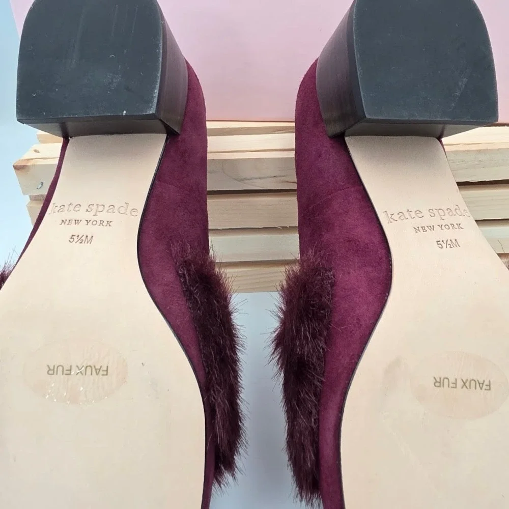 Kate Spade Gama Loafers Women 5.5 Cherrywood  Suede Faux Fur Block Heel S3150010